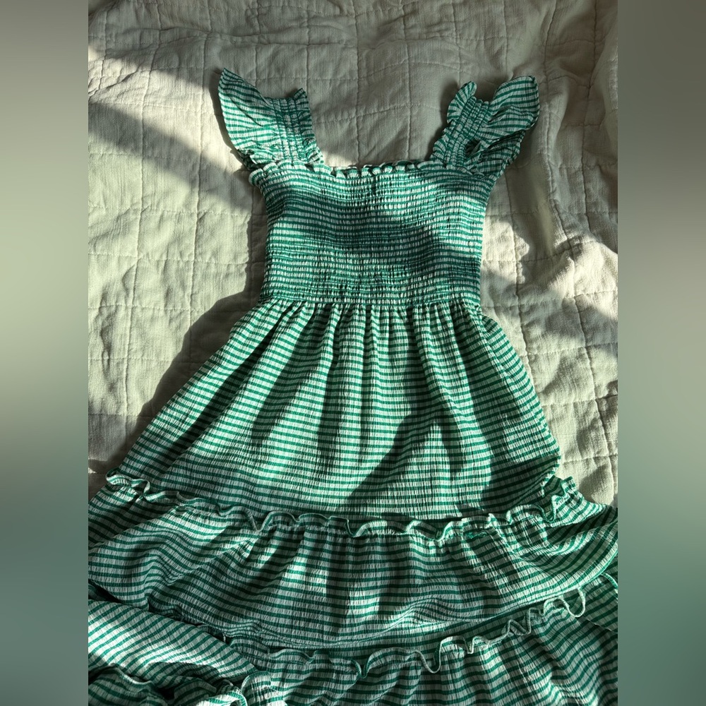 Kourt Calypso Green Ruffled Striped Midi Dress